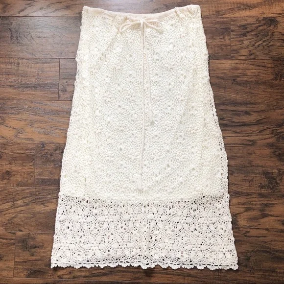 SOLD Rene Derhy • vintage crocheted skirt lace knit drawstring waist midi cream - Picture 5 of 14